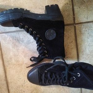 Donna Karen velour black lace up boots